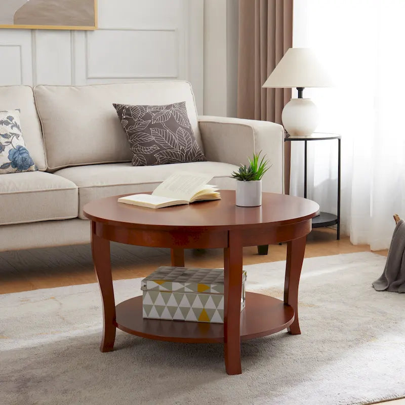 Traditioneller runder Couchtisch aus Holz, dekorativer Mitteltisch mit offenen Ablageregale, für Wohnzimmer, Schlafzimmer, Apartment und Studio
