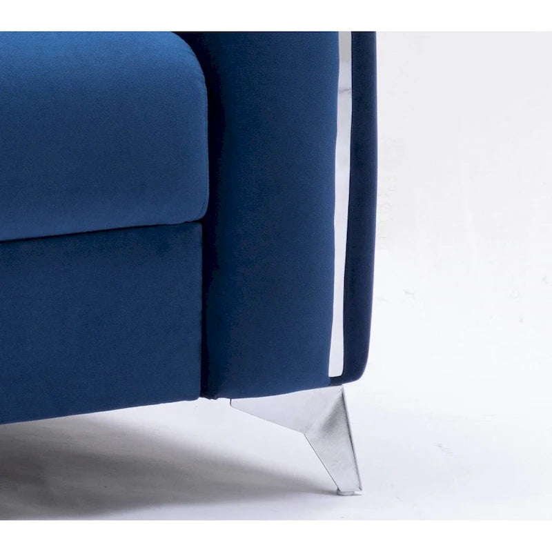 Blauer moderner 38-Zoll-Akzentsessel mit Samtbezug, polierten Beinen mit Chromdetails und vertikal plissiertem Design