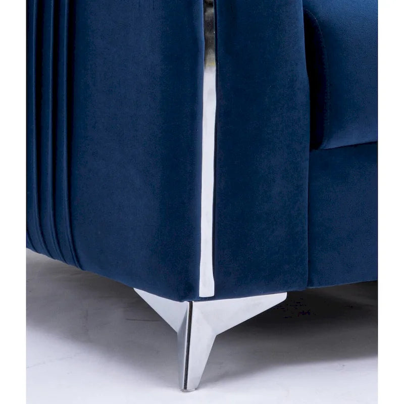 Blauer moderner 38-Zoll-Akzentsessel mit Samtbezug, polierten Beinen mit Chromdetails und vertikal plissiertem Design