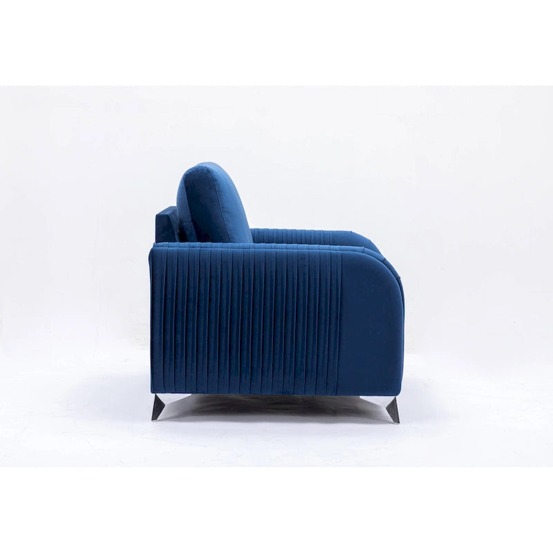 Blauer moderner 38-Zoll-Akzentsessel mit Samtbezug, polierten Beinen mit Chromdetails und vertikal plissiertem Design