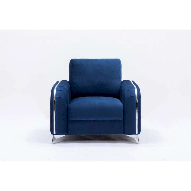 Blauer moderner 38-Zoll-Akzentsessel mit Samtbezug, polierten Beinen mit Chromdetails und vertikal plissiertem Design
