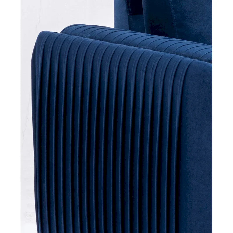 Blauer moderner 38-Zoll-Akzentsessel mit Samtbezug, polierten Beinen mit Chromdetails und vertikal plissiertem Design