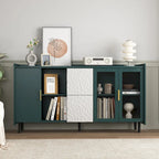 Modern Storage Cabinet with 2 Glass Doors, 2 Drawers and 2 Open Storage Compartment