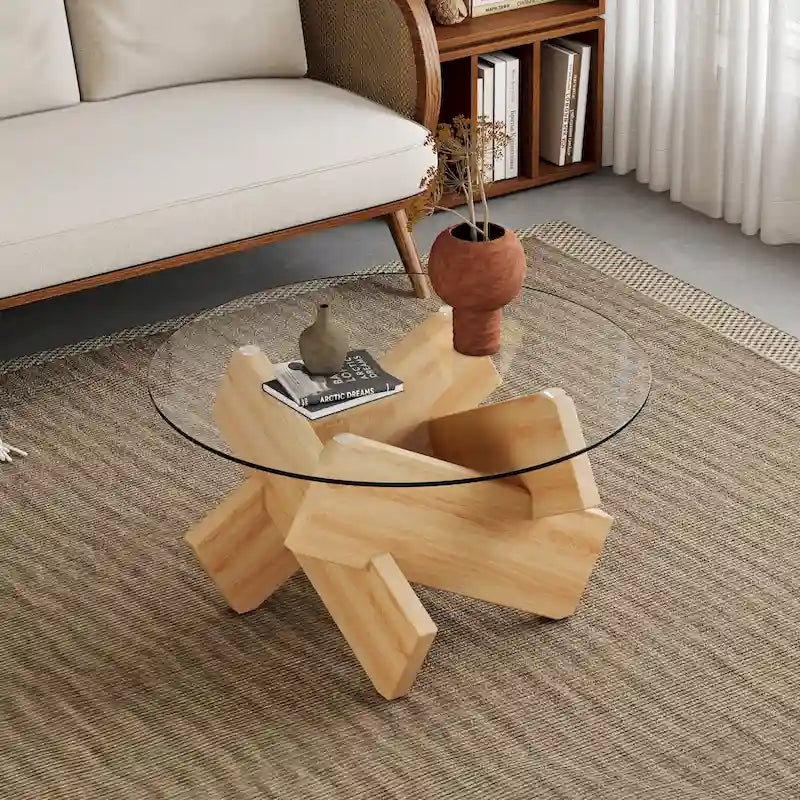 33.4 Tavolino da caffè rotondo moderno con piano in vetro temperato trasparente e gambe in MDF per il soggiorno
