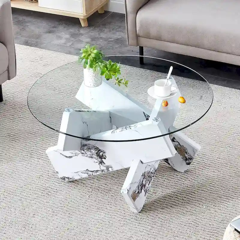 33.4 Tavolino da caffè rotondo moderno con piano in vetro temperato trasparente e gambe in MDF per il soggiorno