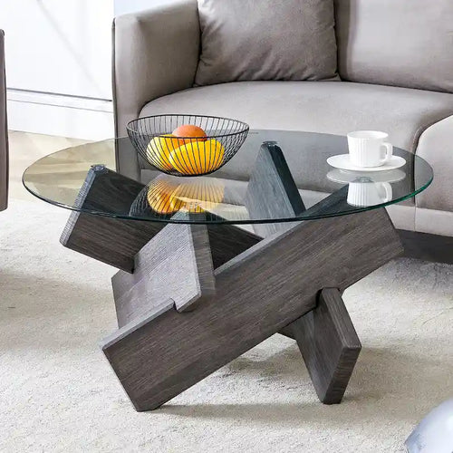 33.4 Moderne ronde salontafel met blad van helder gehard glas en MDF-poten voor de woonkamer