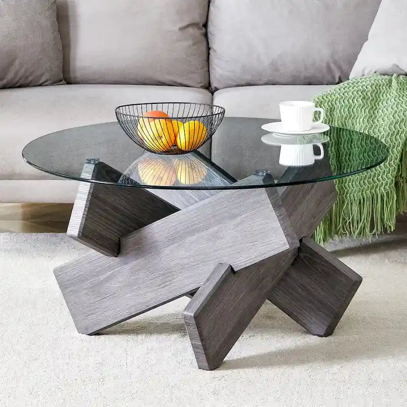 33.4 Modern Round Coffee Table with Clear Tempered Glass Top and MDF Legs for Living Room