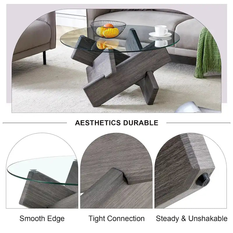 33.4 Modern Round Coffee Table with Clear Tempered Glass Top and MDF Legs for Living Room