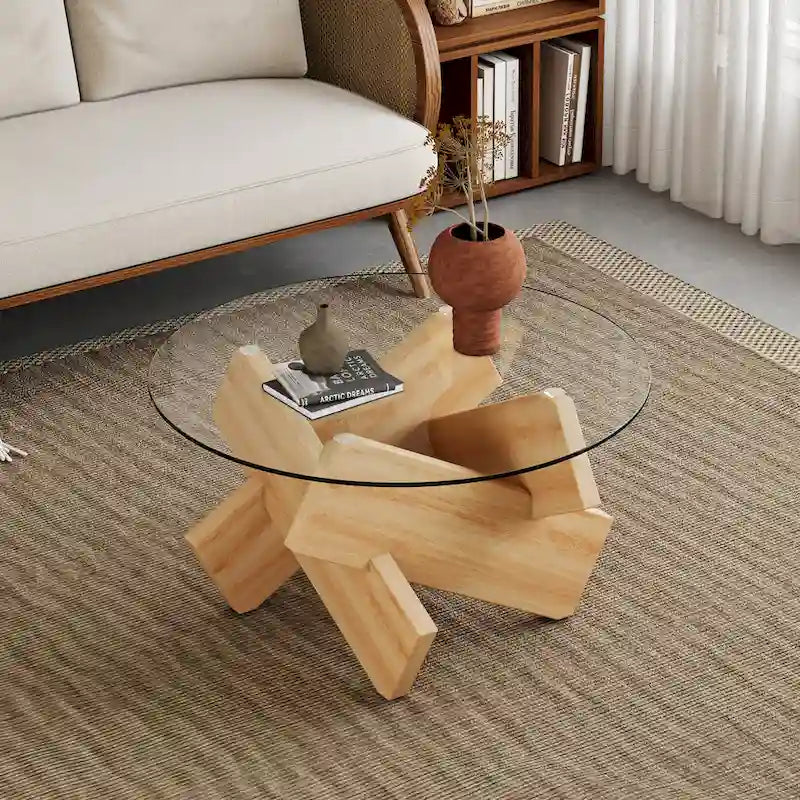 33.4 Modern Round Coffee Table with Clear Tempered Glass Top and MDF Legs for Living Room
