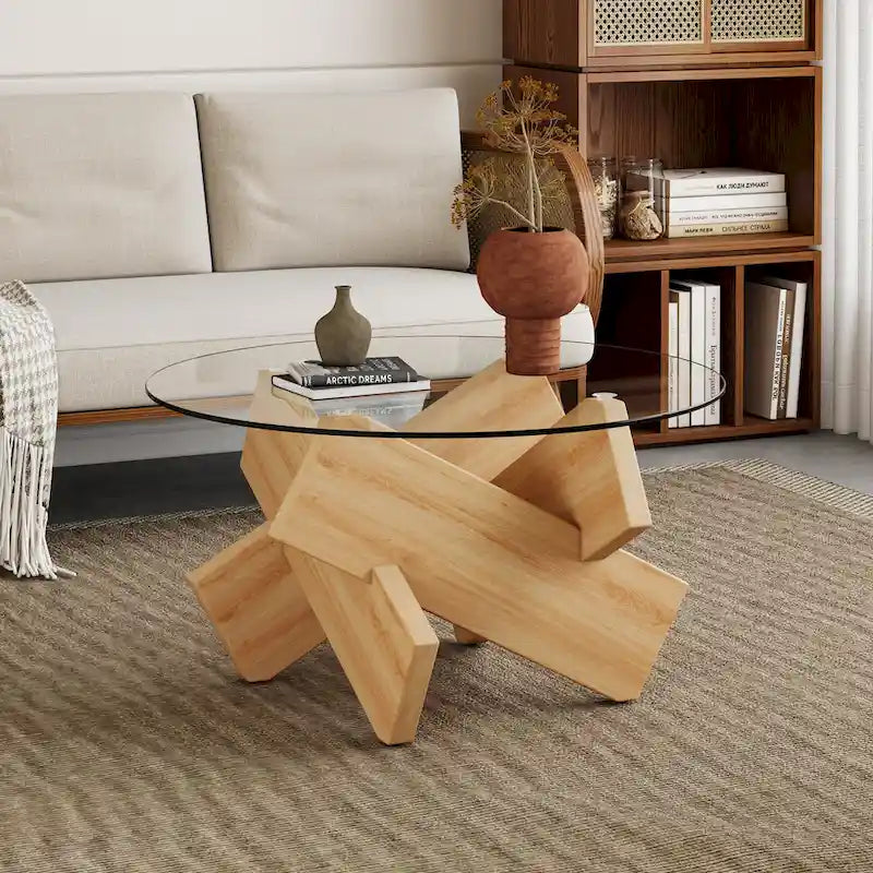 33.4 Modern Round Coffee Table with Clear Tempered Glass Top and MDF Legs for Living Room