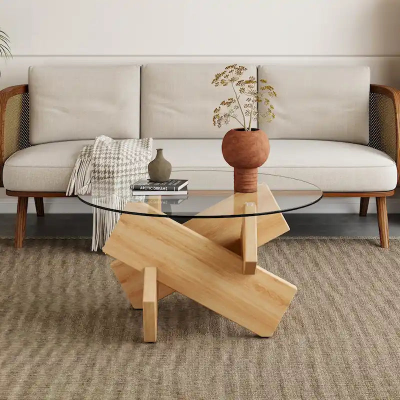 33.4 Modern Round Coffee Table with Clear Tempered Glass Top and MDF Legs for Living Room