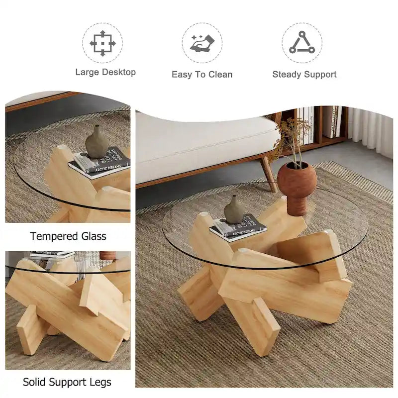 33.4 Modern Round Coffee Table with Clear Tempered Glass Top and MDF Legs for Living Room