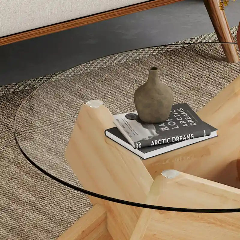 33.4 Modern Round Coffee Table with Clear Tempered Glass Top and MDF Legs for Living Room