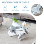 33.4 Modern Round Coffee Table with Clear Tempered Glass Top and MDF Legs for Living Room