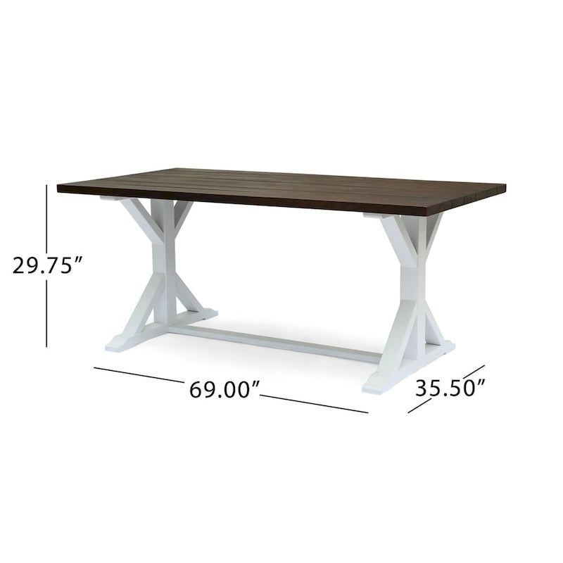 Mesa tradicional de estilo rústico de madera de acacia con patas - marrón oscuro + blanco