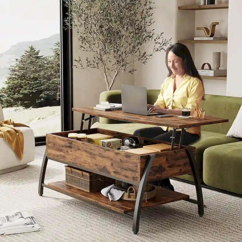 Ovaler Couchtisch aus Holz mit anhebbarer Tischplatte und versteckten Ablagefächern - 41.5 Zoll