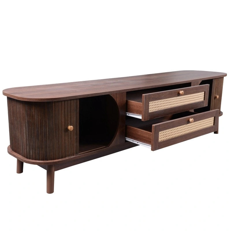 Rattan-TV-Ständer für Fernseher bis 75, moderner Medienkonsolentisch im Landhausstil mit massiven Holzbeinen