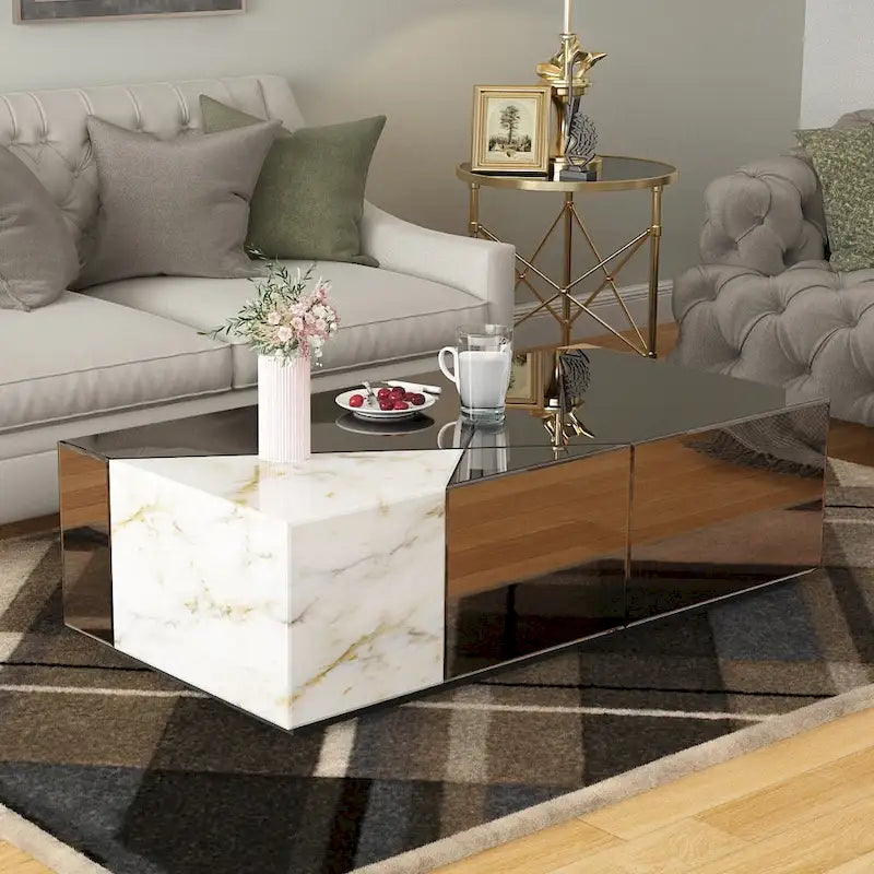 Mirrored Block Coffee Table With Unique Marble Patchwork Design