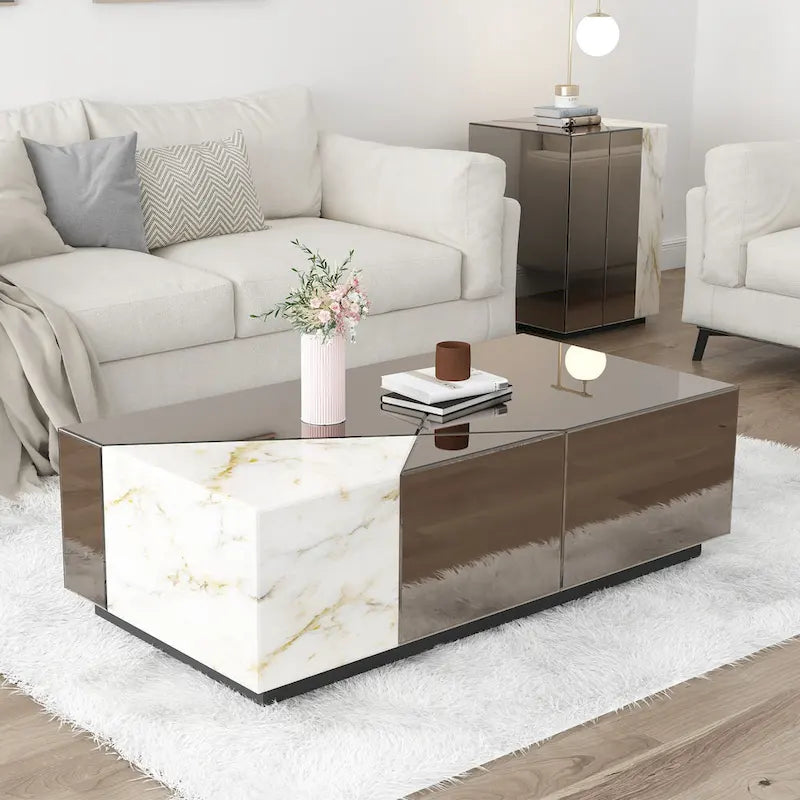 Verspiegelter Block-Couchtisch mit einzigartigem Marmor-Patchwork-Design