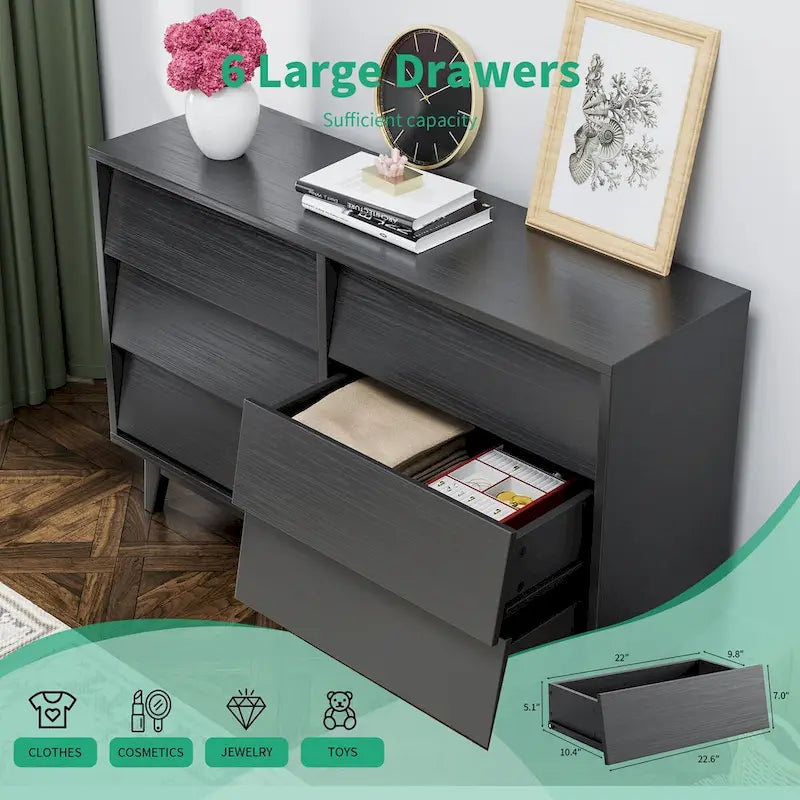 Mid-Century Modern 6-Draw Dresser with Bevel Design