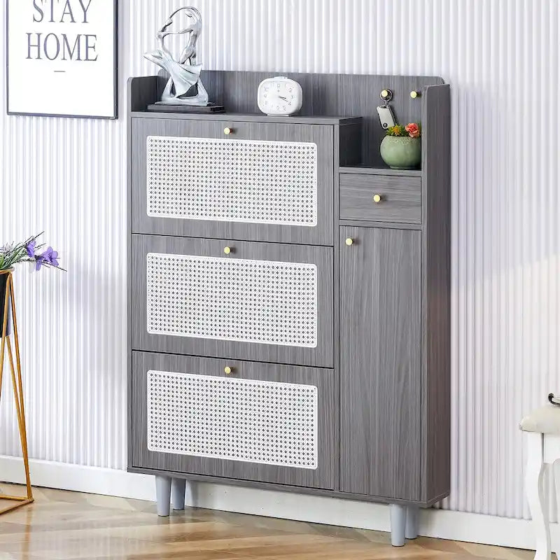 Moderner minimalistischer Aufbewahrungsschrank aus Rattan mit Schuhablage und Bettoberseite, kleines Wohnmöbel für Flure und Wohnzimmer