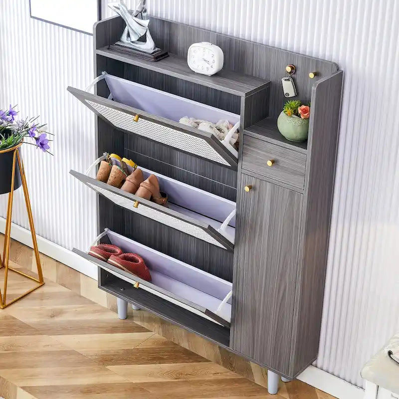 Moderner minimalistischer Aufbewahrungsschrank aus Rattan mit Schuhablage und Bettoberseite, kleines Wohnmöbel für Flure und Wohnzimmer