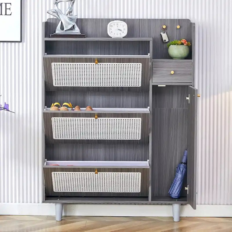 Moderner minimalistischer Aufbewahrungsschrank aus Rattan mit Schuhablage und Bettoberseite, kleines Wohnmöbel für Flure und Wohnzimmer