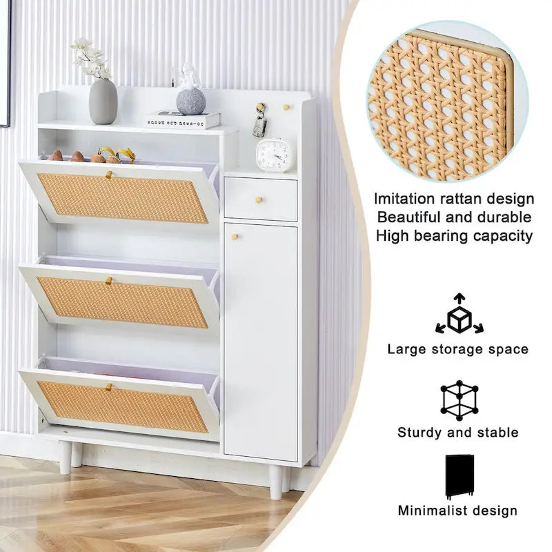 Nowoczesna minimalistyczna szafka na buty z rattanowym frontem i siedziskiem, mały mebel do domu, odpowiedni do korytarzy i salonów