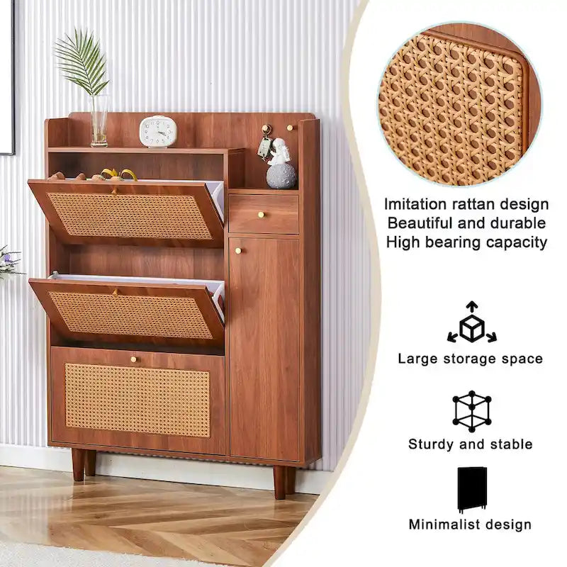 Nowoczesna minimalistyczna szafka na buty z rattanowym frontem i siedziskiem, mały mebel do domu, odpowiedni do korytarzy i salonów