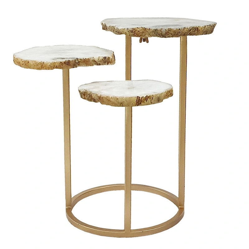 18-Zoll-Akzent-Beistelltisch, 3-stufiges Design, weiße Achatplatte, goldfarbener Eisenfuß