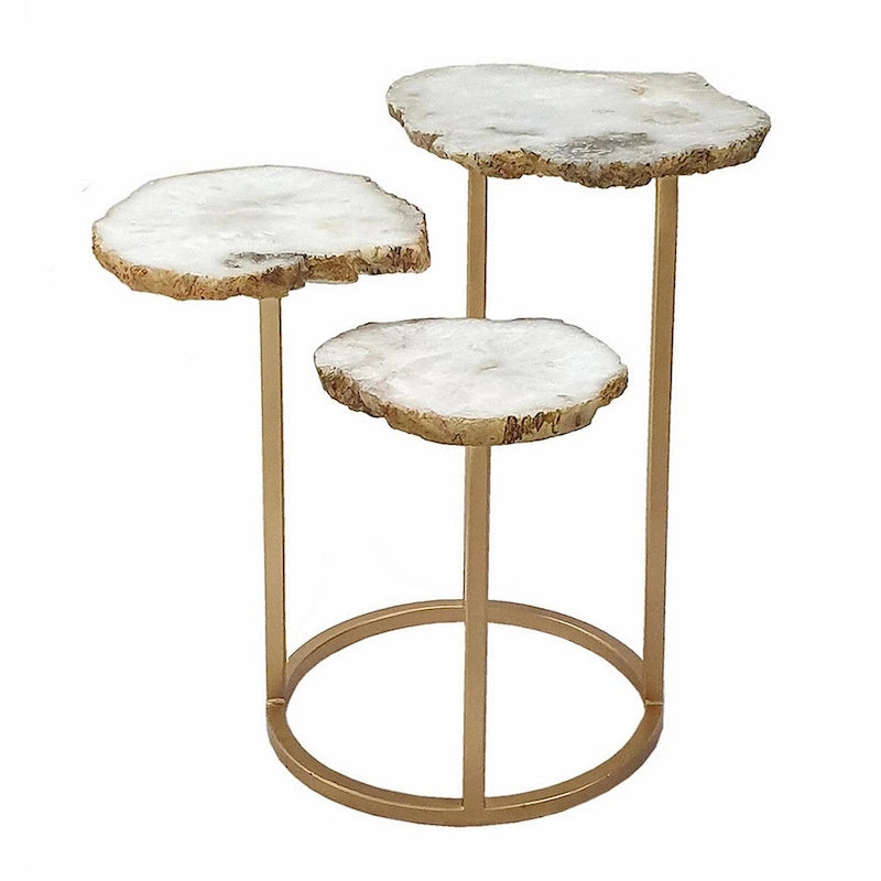 18-Zoll-Akzent-Beistelltisch, 3-stufiges Design, weiße Achatplatte, goldfarbener Eisenfuß