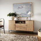 Gebogen dressoirbuffet met schuifdeuren in lamellenstijl