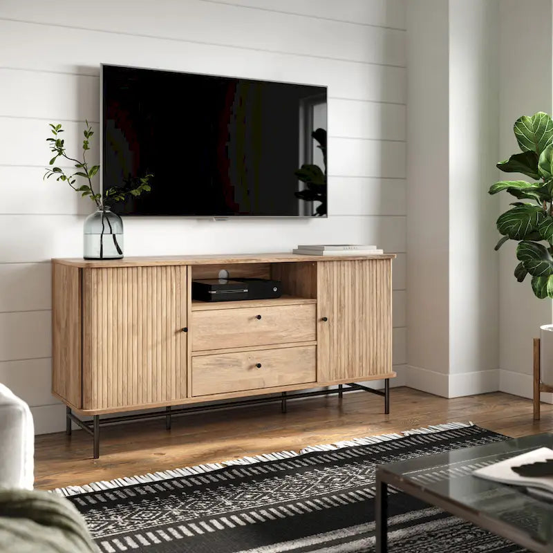 Geschwungenes Sideboard-Buffet mit Schiebetüren im Lamellenstil