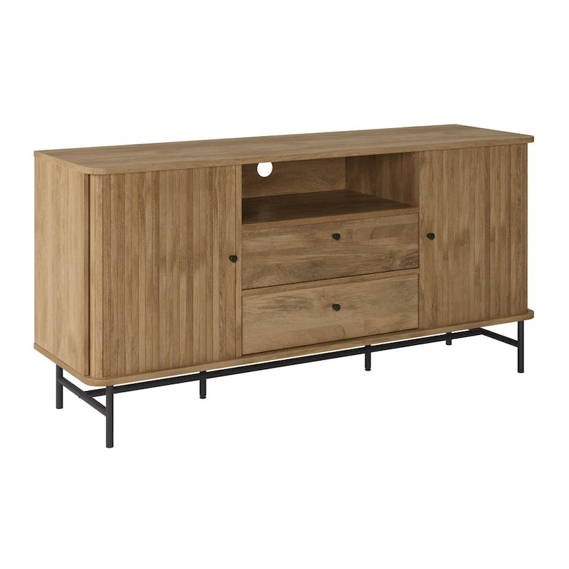 Gebogen dressoirbuffet met schuifdeuren in lamellenstijl