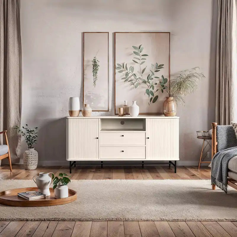 Gebogen dressoirbuffet met schuifdeuren in lamellenstijl