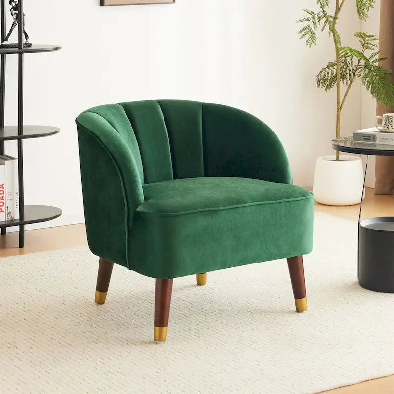 Sillón decorativo tipo barril tapizado con patas de madera