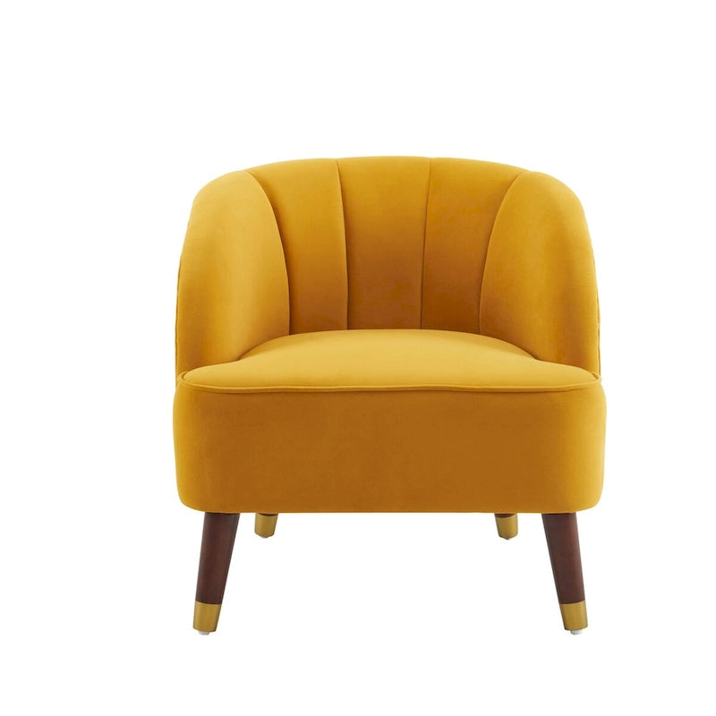 Sillón decorativo tipo barril tapizado con patas de madera