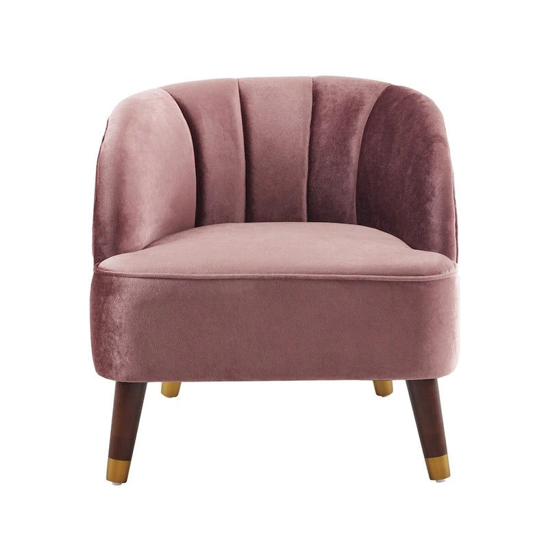 Sillón decorativo tipo barril tapizado con patas de madera