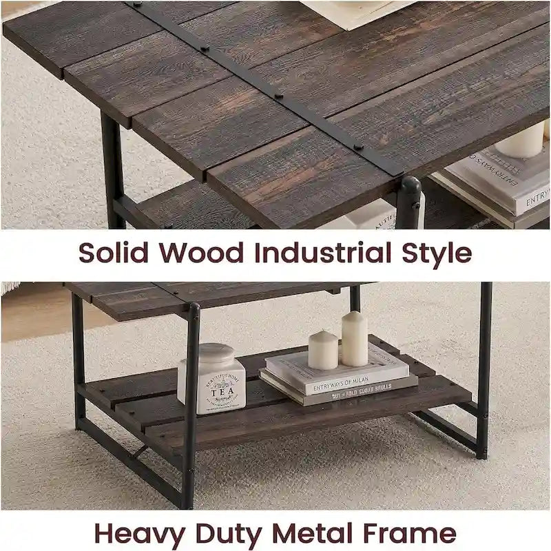2-Tier Farmhouse 41 Large Wood Coffee Table with Shelf