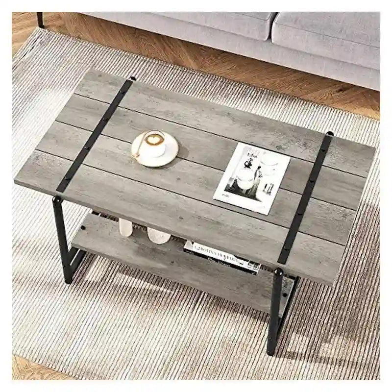 2-Tier Farmhouse 41 Large Wood Coffee Table with Shelf